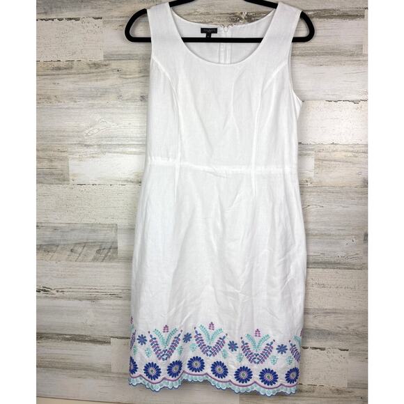 Talbots Womens 6P White Blue Embroidered Linen Sleeveless Lined Shift Mini Dress - Picture 3 of 8